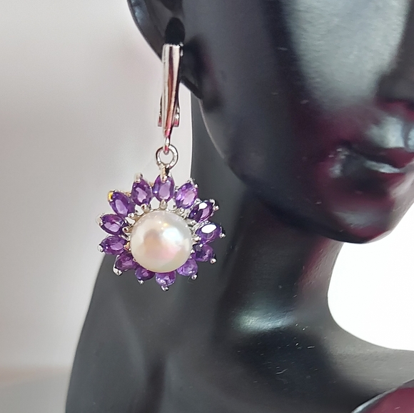 Natural Round Pearl 9mm & Amethyst 925 Sterling Silver Earrings‎ - Picture 7 of 8